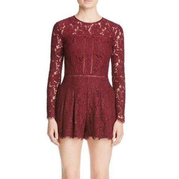 Womens Floral Lace Romper Back Zip Round Neck Long Sleeve Burgundy Size Medium - Picture 1 of 8
